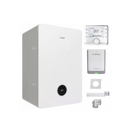 Pakiet - Kocioł gazowy dwufunkcyjny BOSCH TERMOTECHNIKA CONDENS GC5300iWT24/48 kondensacyjny wiszący 22 kW + Czujnik temperatury zewnętrznej + Regulator CW400 + Zestaw powietrzno-spalinowy szachtowy 2581+ Moduł sterowania K30RF + Zasobnik c.w.u wbududowan