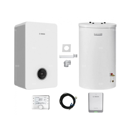 Pakiet - Kocioł gazowy jednofunkcyjny BOSCH TERMOTECHNIKA CONDENS GC2300iW20P kondensacyjny wiszący 21,2 kW+ Zestaw powietrzno-spalinowy 2574 (poziomy) + Czujnik c.w.u. + Regulator CW400 + Moduł sterowania K30RF + Zasobnik c.w.u WST120-5O