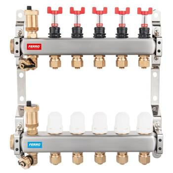 Rozdzielacz do ogrzewania podłogowego FERRO SN-RZP12S 12-obieg. stal nierdzewna GW 1'' x Nypel GW 1/2''x3/4'' + przepływomierz + termostat