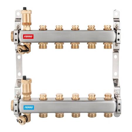 Rozdzielacz 10-drogowy (do systemów c.o. i c.w.u.) z zaworami odcinającymi obwody, stal nierdzewna