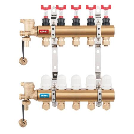 Rozdzielacz do ogrzewania podłogowego FERRO N-RZP02S 2-obieg. mosiądz GW 1'' x Nypel GW 1/2'' + przepływomierz + termostat + zawór napełn/spust + odpowietrznik