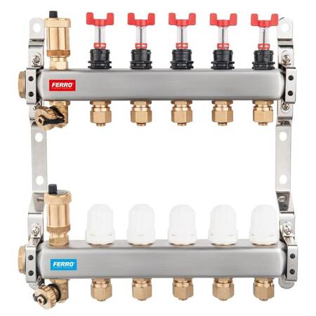 Rozdzielacz do ogrzewania podłogowego FERRO SN-RZP04S 4-obieg. stal nierdzewna GW 1'' x Nypel GW 1/2''x3/4'' + przepływomierz + termostat