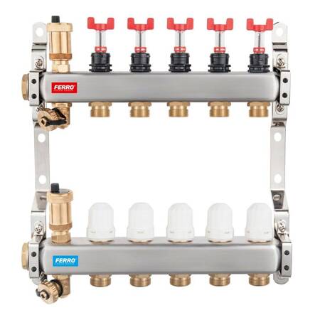 Rozdzielacz do ogrzewania podłogowego FERRO SN-RZPU04S 4-obieg. stal nierdzewna GW 1'' x GZ 3/4'' + przepływomierz + termostat + zawór napełn/spust + odpowietrznik