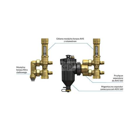 Zespół armatury serwisowej AHS 500 do pomp ciepła, z filtrem siatkowym, z przepływomierzem 5 - 42 l/min, przyłącza GW G1''