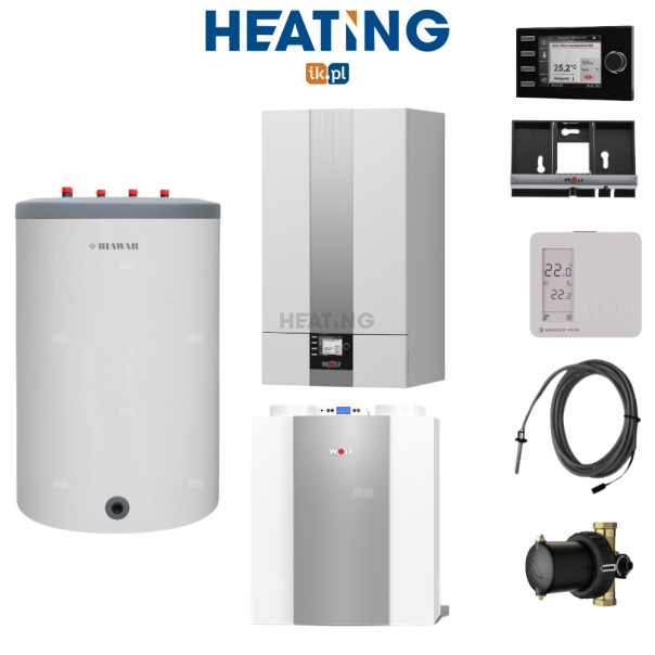 PAKIET: CGB-2-24 KOCIOŁ kondensacyjny 1-F wiszący 5,6-25,8kW z modułem AM + zasobnik LINDO-120 + moduł BM-2 z podstawą ścienną + czujnik c.w.u. + rekuperator CWL-300 4/0 lewy + separator Wolf