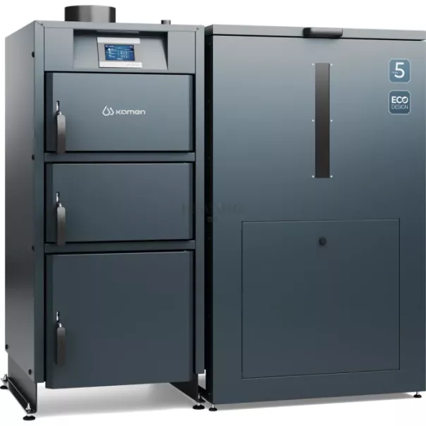 KOCIOŁ ekologiczny PELLET KOMPAKT LUX 17kW z automatycznym podawaniem paliwa LEWY, samoczyszczący palnik pelletowy umieszczony z boku kotła, 5 klasa